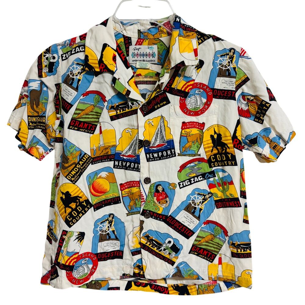 Vintage Reyn Spooner Small 6 7 8 Boy Hawaiian Shirt Route 66 Travel Print Rayon